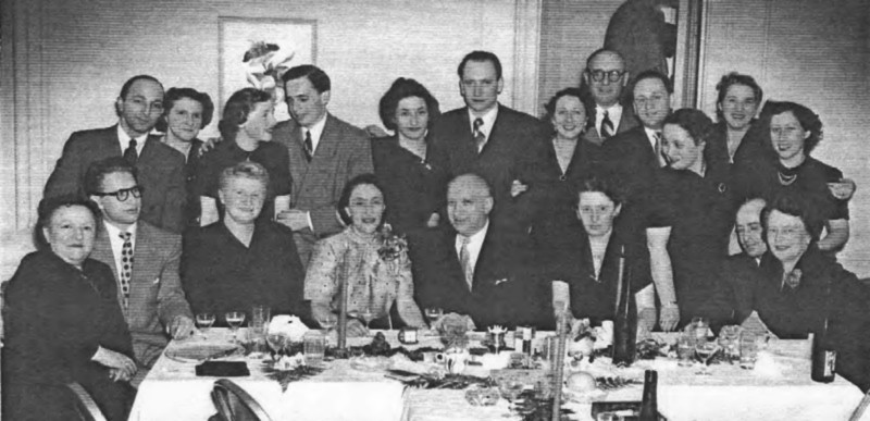 Mother Betty's Suprise 50th Birthday party on December 20, 1950. Margot planned and arranged this party in our small one bedroom apartment. Carole, while not in the photo, was in her small room in back of the kitchen fast asleep. This party took place 3 weeks before Ralph's and Ruth's wedding on January 7th, 1951. Sitting left to right: Betty Stamm, Fred, Selma Lichtenstein (Ruth's mother) the birthday child Betty G., Opa Leo, Herta Nathan, Herman van Ments, Grete Gross. Standing left to right: Walter Goldsmith, Ruth Stamm, Ruth Lichtenstein (soon Gompertz) Ralph, Margot&Albert, Ilse Boraks, Theo Nathan, Ludwig Boraks, Lilly Lorant, Sophie Isacson and Fella Goldsmith.